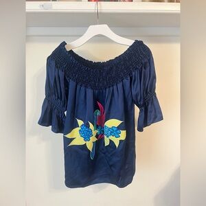 Voom by Joy Han Navy Blouse with Colorful Floral Design